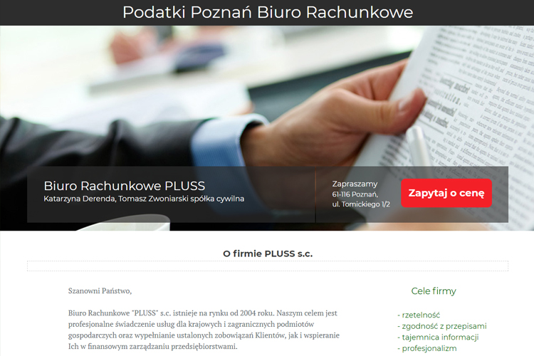 Firmowa strona internetowa typu Landing Page - Podatki Pluss