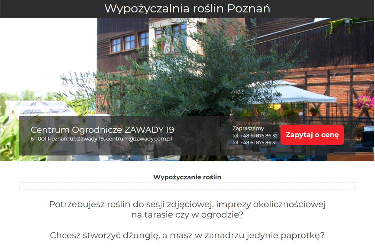 Strona produktowa typu Landing Page - Wypozyczalnia-roslin.pl